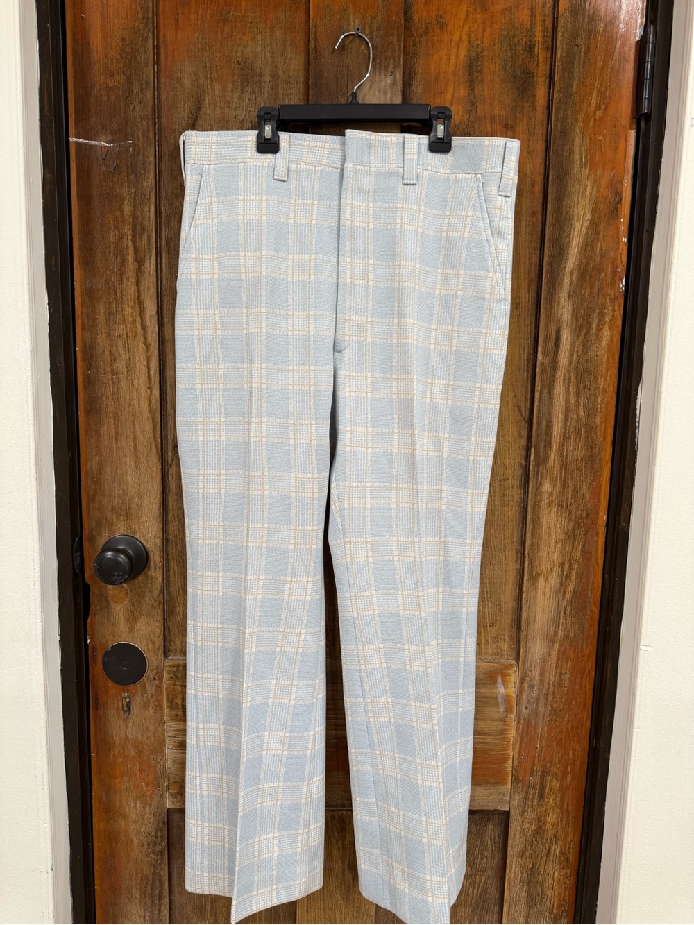 Vintage 1970s Haggar Light Blue & Cream Plaid Chinos